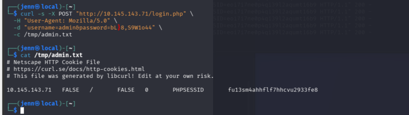 curl POST to login.php as admin saving session cookie to /tmp/admin.txt